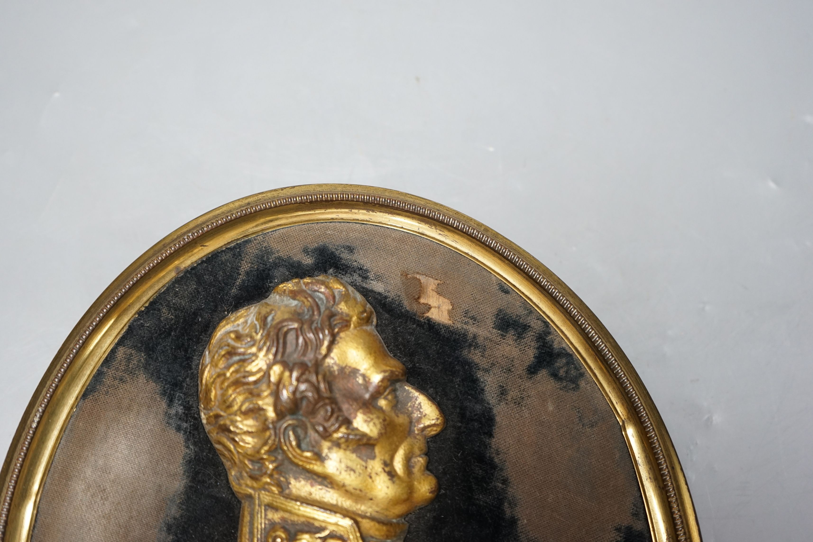 A gilt metal portrait profile relief, The Duke of Wellington, set on black velvet ground, brass frame, 23cms high